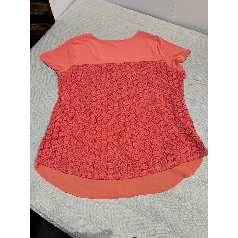 Calvin Klein Coral Apricot Lace Crochet Short Sleeve V-neck Blouse Womens XL Top - Picture 5 of 5